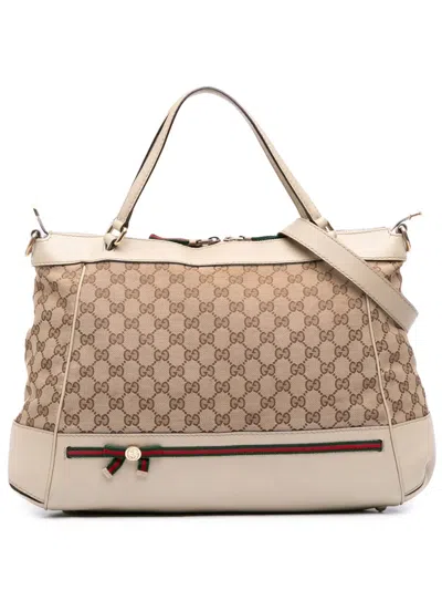 Pre-owned Gucci 2016-2025 Gg Canvas Web Mayfair Satchel In Brown