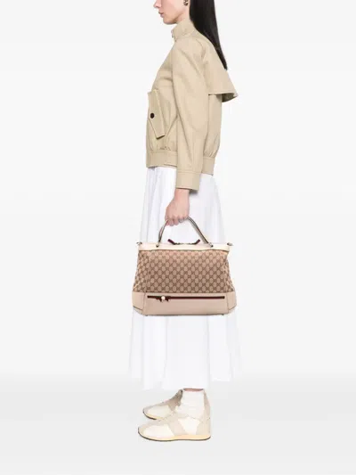 Pre-owned Gucci 2016-2025 Gg Canvas Web Mayfair Satchel In Brown