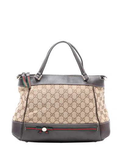 Pre-owned Gucci 2016-2025 Gg Canvas Web Mayfair Satchel In Brown