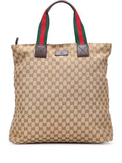 Pre-owned Gucci 2016-2025 Gg Canvas Web Tote Bag In Brown