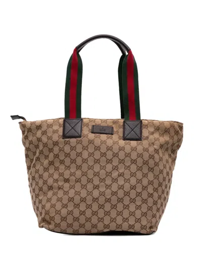 Pre-owned Gucci 2016-2025 Gg Canvas Web Tote Bag In Brown