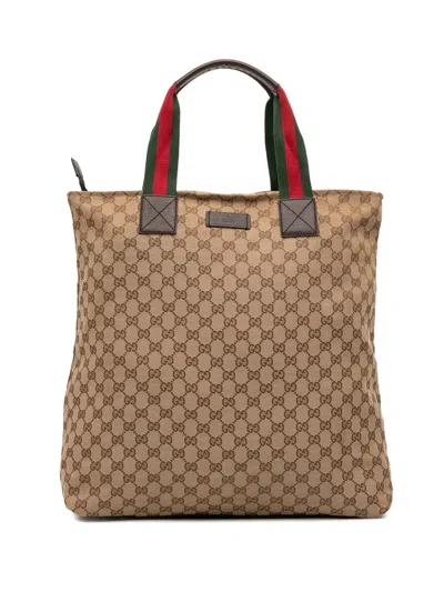 Pre-owned Gucci 2016-2025 Gg Canvas Web Tote Bag In Brown