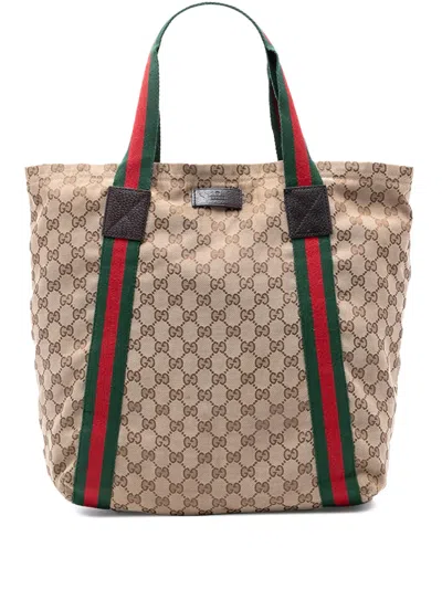 Pre-owned Gucci 2016-2025 Gg Canvas Web Tote Bag In Brown