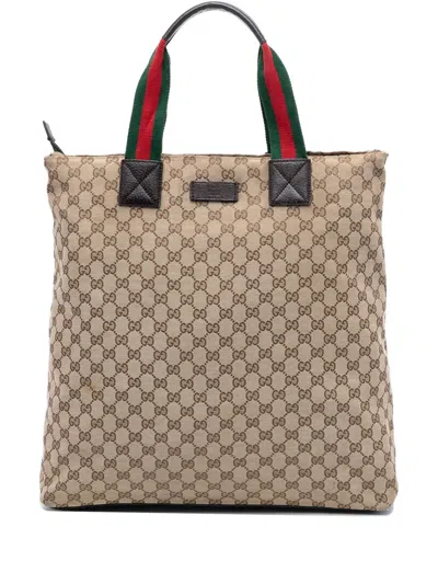 Pre-owned Gucci 2016-2025 Gg Canvas Web Tote Bag In Brown