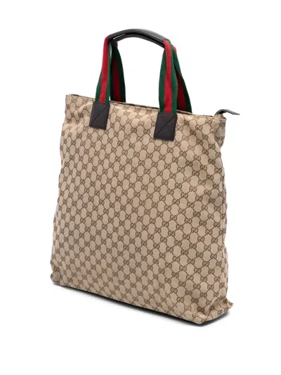 Pre-owned Gucci 2016-2025 Gg Canvas Web Tote Bag In Brown