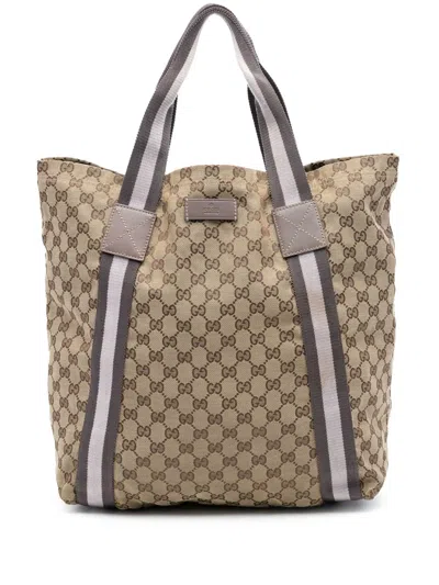 Pre-owned Gucci 2016-2025 Gg Canvas Web Tote Bag In Brown