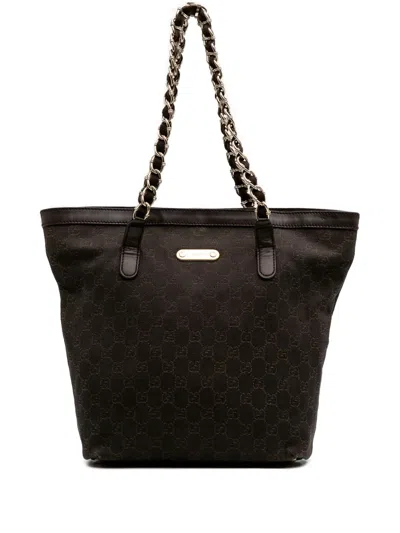 Pre-owned Gucci 2016-2025 Gg Denim Capri Tote Bag In Brown
