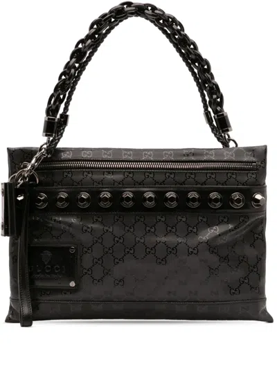 Pre-owned Gucci 2016-2025 Gg Imprime Studded Shoulder Bag In Black