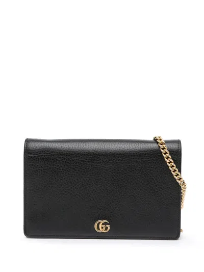 Pre-owned Gucci 2016-2025 Gg Marmont Leather Wallet On Chain Crossbody Bag In Black