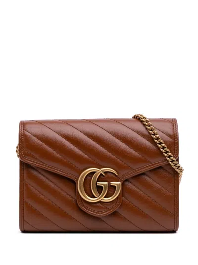 Pre-owned Gucci 2016-2025 Gg Marmont Matelasse Diagonal Leather Wallet On Chain Crossbody Bag In Brown