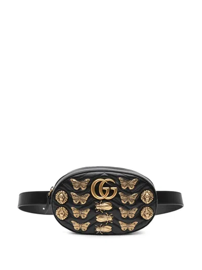 Pre-owned Gucci 2016-2025 Gg Marmont Matelasse Leather Animalier Belt Bag In Black