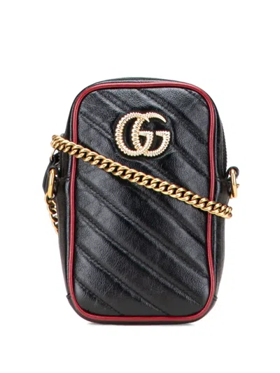Pre-owned Gucci 2016-2025 Gg Marmont Matelasse Leather Torchon Phone Holder Crossbody Bag In Black