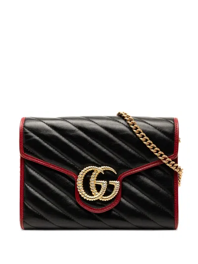 Pre-owned Gucci 2016-2025 Gg Marmont Matelasse Leather Torchon Wallet On Chain Crossbody Bag In Black