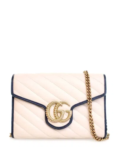 Pre-owned Gucci 2016-2025 Gg Marmont Matelasse Leather Torchon Wallet On Chain Crossbody Bag In White