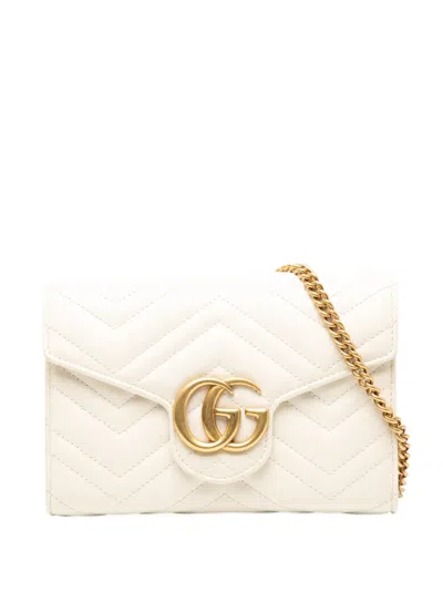 Pre-owned Gucci 2016-2025 Gg Marmont Matelasse Leather Wallet On Chain Crossbody Bag In White