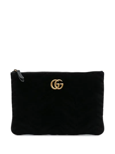 Pre-owned Gucci 2016-2025 Gg Marmont Matelasse Velvet Clutch Bag In Black