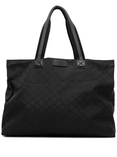 Pre-owned Gucci 2016-2025 Gg Nylon Web Tote Bag In Black