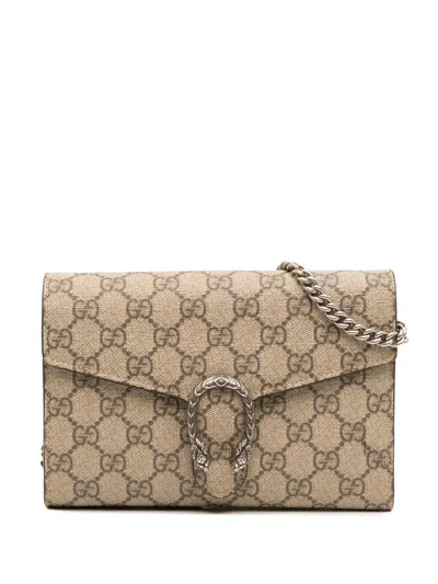 Pre-owned Gucci 2016-2025 Gg Supreme Dionysus Chain Wallet Crossbody Bag In Brown