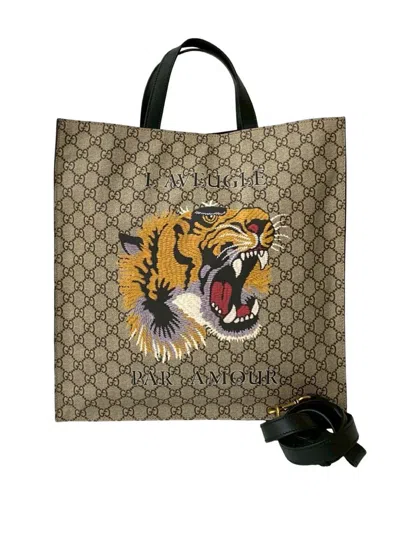 Pre-owned Gucci 2016-2025 Gg Supreme Laveugle Par Amour Tote Satchel In Brown