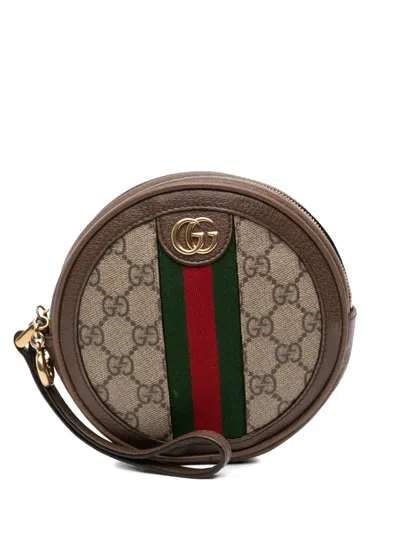 Pre-owned Gucci 2016-2025 Gg Supreme Ophidia Round Clutch Bag In Brown