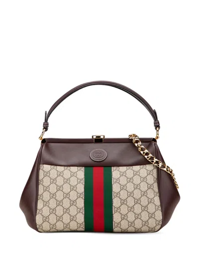 Pre-owned Gucci 2016-2025 Gg Supreme Ophidia Virgo Top Handle Bag Satchel In Brown