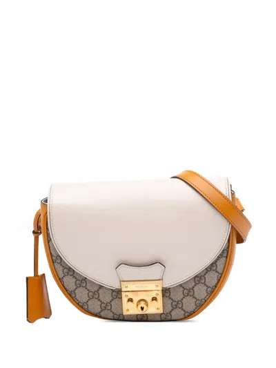 Pre-owned Gucci 2016-2025 Gg Supreme Saddle Padlock Crossbody Bag In White
