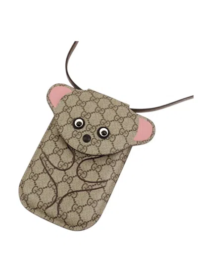 Pre-owned Gucci 2016-2025 Gg Supreme Teddy Phone Holder Crossbody Bag In Brown