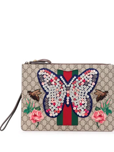 Pre-owned Gucci 2016-2025 Gg Supreme Web Butterfly Clutch Bag In Brown