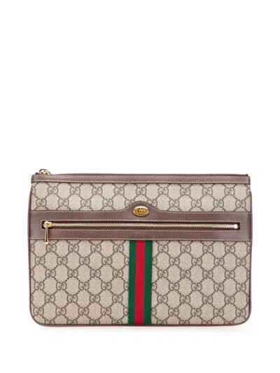 Pre-owned Gucci 2016-2025 Gg Supreme Web Ophidia Clutch Bag In Brown