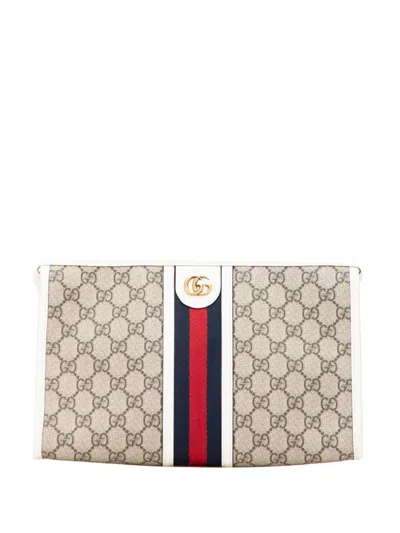 Pre-owned Gucci 2016-2025 Gg Supreme Web Ophidia Clutch Bag In Brown