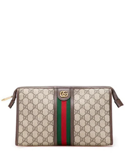 Pre-owned Gucci 2016-2025 Gg Supreme Web Ophidia Clutch Bag In Brown