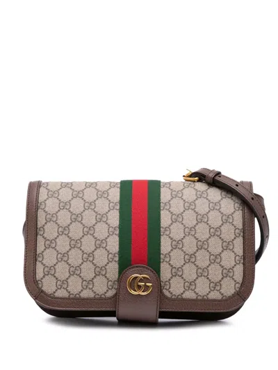Pre-owned Gucci 2016-2025 Gg Supreme Web Ophidia Flap Crossbody Bag In Brown
