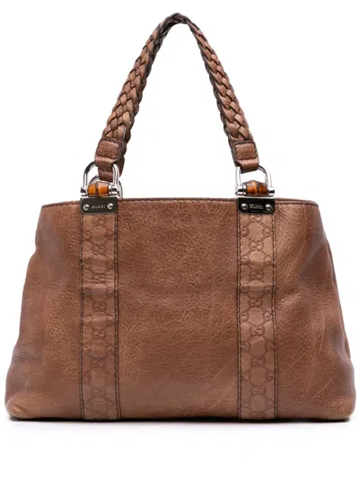 Pre-owned Gucci 2016-2025 Ssima Trimmed Leather Bamboo Libeccio Tote Bag In Brown