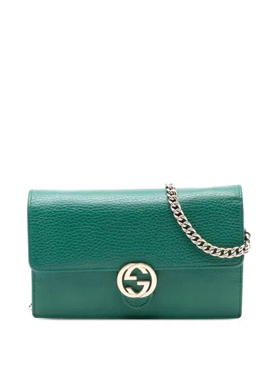 Pre-owned Gucci 2016-2025 Interlocking G Dollar Calfskin Wallet On Chain Crossbody Bag In Green