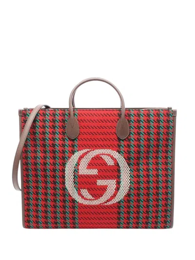 Pre-owned Gucci 2016-2025 Interlocking G Tweed Houndstooth Stripe Satchel In Red