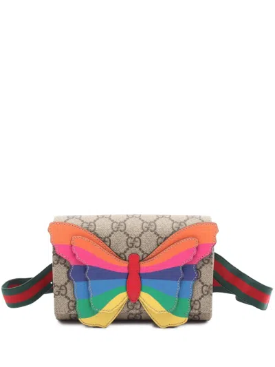 Pre-owned Gucci 2016-2025 Kids Gg Supreme Rainbow Butterfly Web Belt Bag In Brown