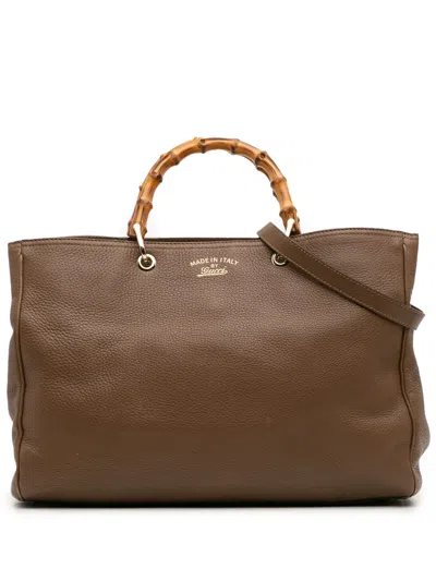 Pre-owned Gucci 2016-2025 Large Calfskin Bamboo Shopper Satchel In Brown