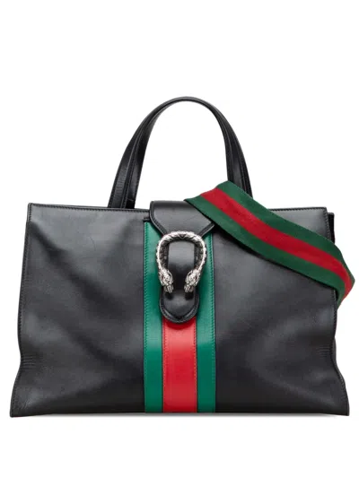 Pre-owned Gucci 2016-2025 Large Calfskin Dionysus Web Top Handle Bag Satchel In Black