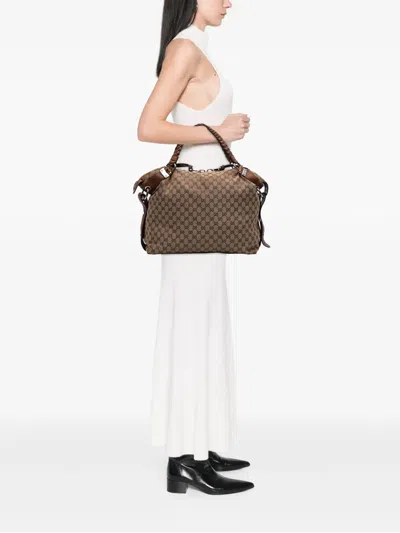 Pre-owned Gucci 2016-2025 Large Gg Canvas Bamboo Bar Tote Bag In Brown