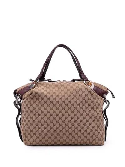 Pre-owned Gucci 2016-2025 Large Gg Canvas Bamboo Bar Tote Bag In Brown