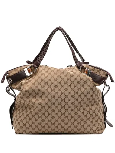 Pre-owned Gucci 2016-2025 Large Gg Canvas Bamboo Bar Tote Bag In Brown