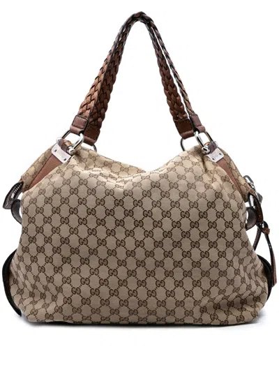 Pre-owned Gucci 2016-2025 Large Gg Canvas Bamboo Bar Tote Bag In Brown