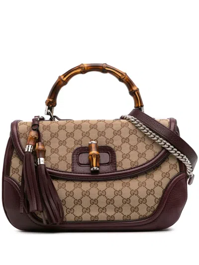 Pre-owned Gucci 2016-2025 Large Gg Canvas Bamboo Satchel