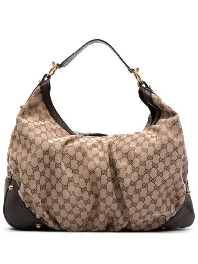 Pre-owned Gucci 2016-2025 Large Gg Canvas Jockey Hobo Bag In Brown