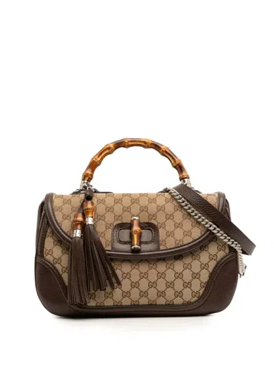 Pre-owned Gucci 2016-2025 Large Gg Canvas New Bamboo Top Handle Bag Satchel In Brown
