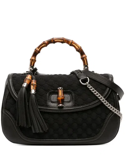 Pre-owned Gucci 2016-2025 Large Gg Neoprene New Bamboo Top Handle Bag Satchel In Black