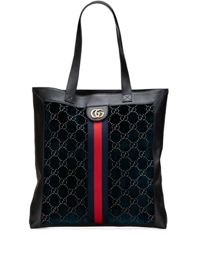 Pre-owned Gucci 2016-2025 Large Gg Velvet Web Ophidia Tote Bag In Blue