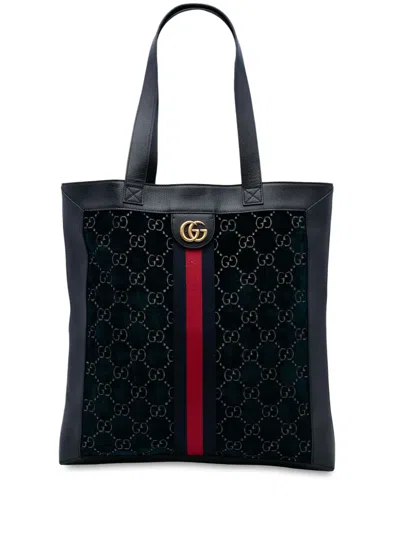 Pre-owned Gucci 2016-2025 Large Gg Velvet Web Ophidia Tote Bag In Blue