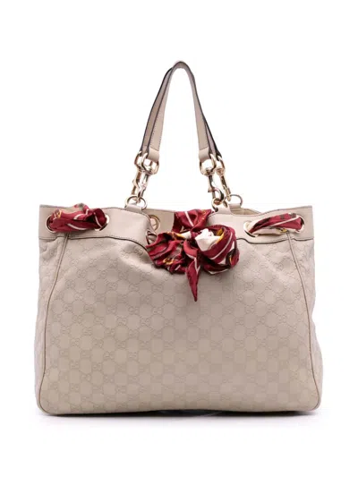 Pre-owned Gucci 2016-2025 Large Ssima Positano Scarf Tote Bag In Brown