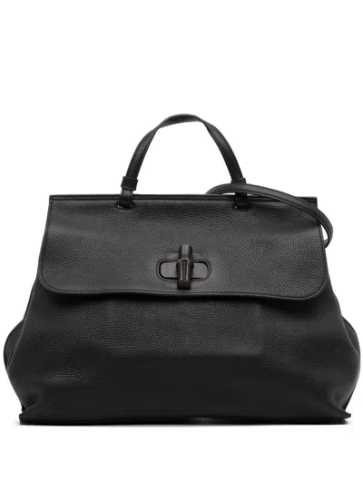Pre-owned Gucci 2016-2025 Large Leather Bamboo Daily Satchel In Black